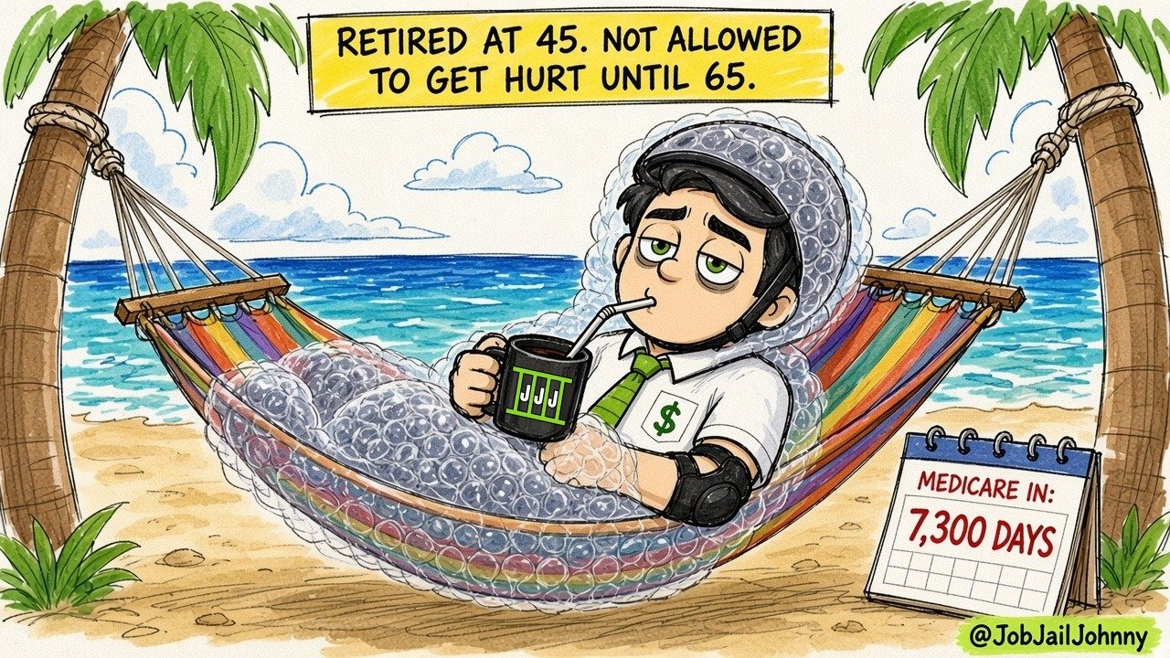 'Retired at 45. Not allowed to get hurt until 65.' Johnny lies in a rainbow beach hammock wrapped head to toe in bubble wrap, wearing a helmet and elbow pad and sipping from his JJJ mug through a straw, next to a calendar reading 'Medicare in: 7,300 days.'