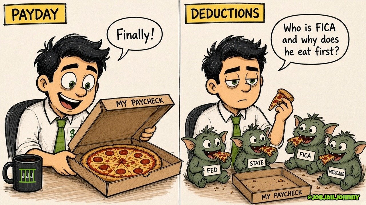 Two panels. 'Payday': Johnny happily opens a pizza box labeled 'My Paycheck': 'Finally!' 'Deductions': four green goblins labeled Fed, State, FICA and Medicare gobble the slices while Johnny holds the last one: 'Who is FICA and why does he eat first?'