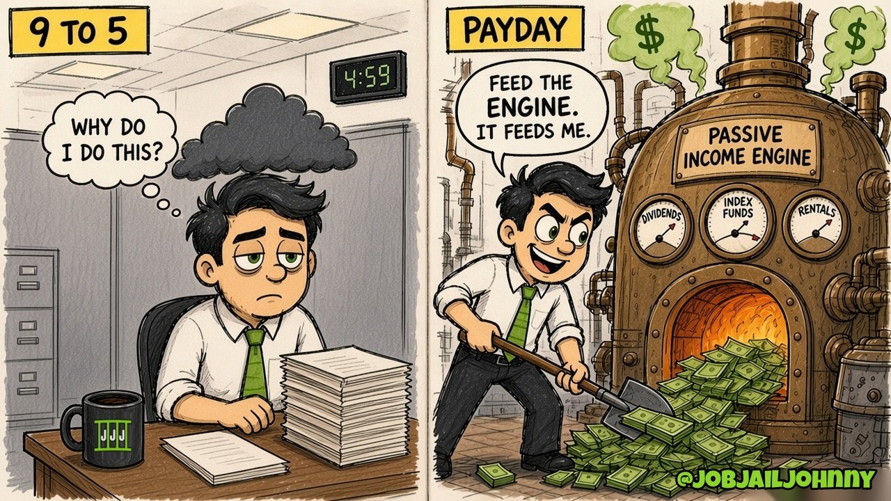 Two panels. '9 to 5': a gloomy Johnny at his desk at 4:59 thinks 'Why do I do this?' under a storm cloud. 'Payday': a grinning Johnny shovels piles of cash into a giant 'Passive Income Engine' furnace with gauges for dividends, index funds and rentals, saying 'Feed the engine. It feeds me.'