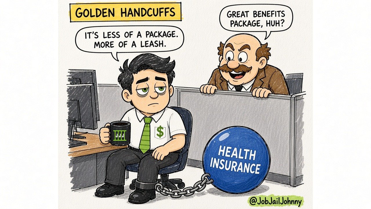 'Golden Handcuffs': a mustached boss peeks over the cubicle wall and says 'Great benefits package, huh?' Johnny, slumped at his desk with his ankle chained to a big blue ball labeled 'Health Insurance,' answers 'It's less of a package. More of a leash.'
