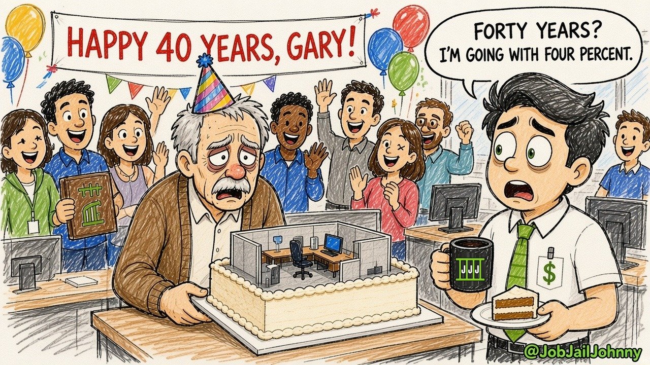 Coworkers cheer under a 'Happy 40 Years, Gary!' banner as an exhausted, white-haired Gary in a party hat holds a cake shaped like his cubicle. Johnny, holding his mug and a slice of cake, looks horrified: 'Forty years? I'm going with four percent.'
