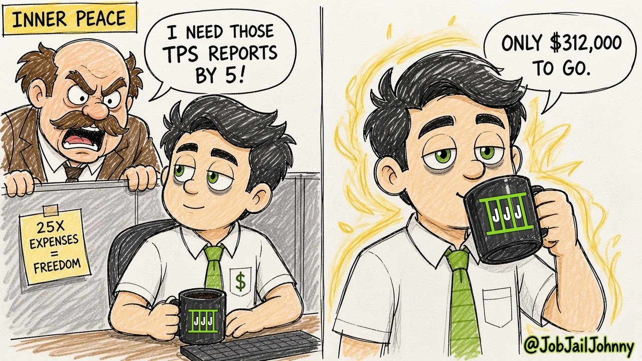 Two panels. 'Inner Peace': an angry boss yells 'I need those TPS reports by 5!' while Johnny sits calmly next to a sticky note reading '25x expenses = freedom.' In the second panel Johnny serenely sips from his JJJ mug, glowing: 'Only $312,000 to go.'