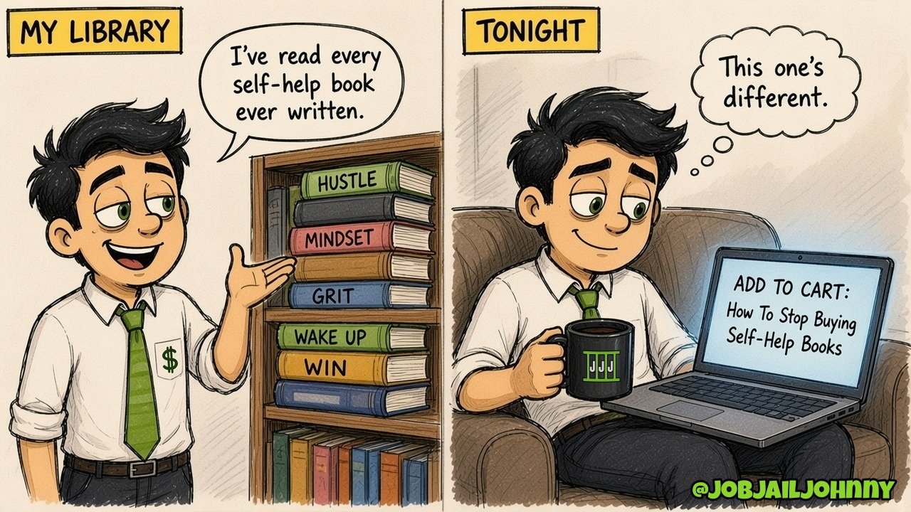 Two panels. 'My Library': Johnny proudly shows a bookshelf of titles like Hustle, Mindset, Grit and Wake Up Win: 'I've read every self-help book ever written.' 'Tonight': on the couch with his mug and laptop, he looks at 'Add to cart: How to Stop Buying Self-Help Books,' thinking 'This one's different.'