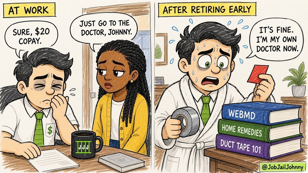 Two panels. 'At work': a coworker says 'Just go to the doctor, Johnny,' and a sniffling Johnny replies 'Sure, $20 copay.' 'After retiring early': a sweaty Johnny in a bathrobe holds duct tape and a red card next to books titled 'WebMD,' 'Home Remedies' and 'Duct Tape 101': 'It's fine. I'm my own doctor now.'