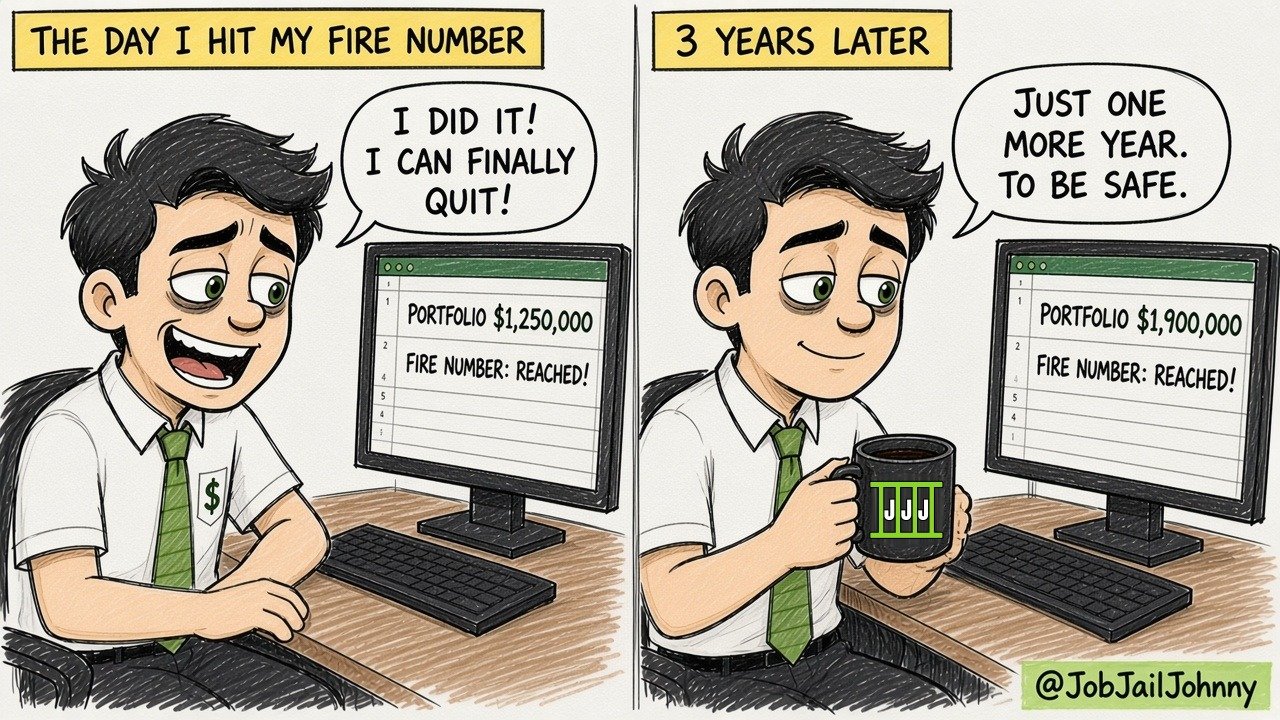 Two panels. 'The day I hit my FIRE number': Johnny beams at a screen showing a $1,250,000 portfolio and 'FIRE number: reached!', saying 'I did it! I can finally quit!' '3 years later': the portfolio shows $1,900,000 and Johnny, still at the same desk with his mug, says 'Just one more year. To be safe.'