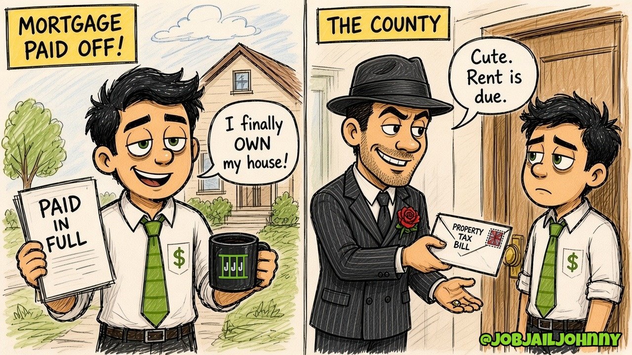 Two panels. 'Mortgage paid off!': Johnny proudly holds a 'Paid in full' paper and his JJJ mug in front of his house: 'I finally OWN my house!' 'The County': a smirking man in a pinstripe suit and fedora hands him a 'Property Tax Bill' at the door: 'Cute. Rent is due.'