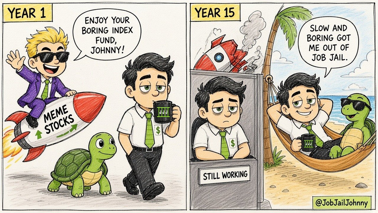 Two panels. 'Year 1': a flashy guy in sunglasses rides a 'Meme Stocks' rocket and calls 'Enjoy your boring index fund, Johnny!' as Johnny walks beside a turtle. 'Year 15': the rocket has crashed and the guy sits in a cubicle labeled 'Still working,' while Johnny relaxes in a beach hammock with the turtle in sunglasses: 'Slow and boring got me out of job jail.'