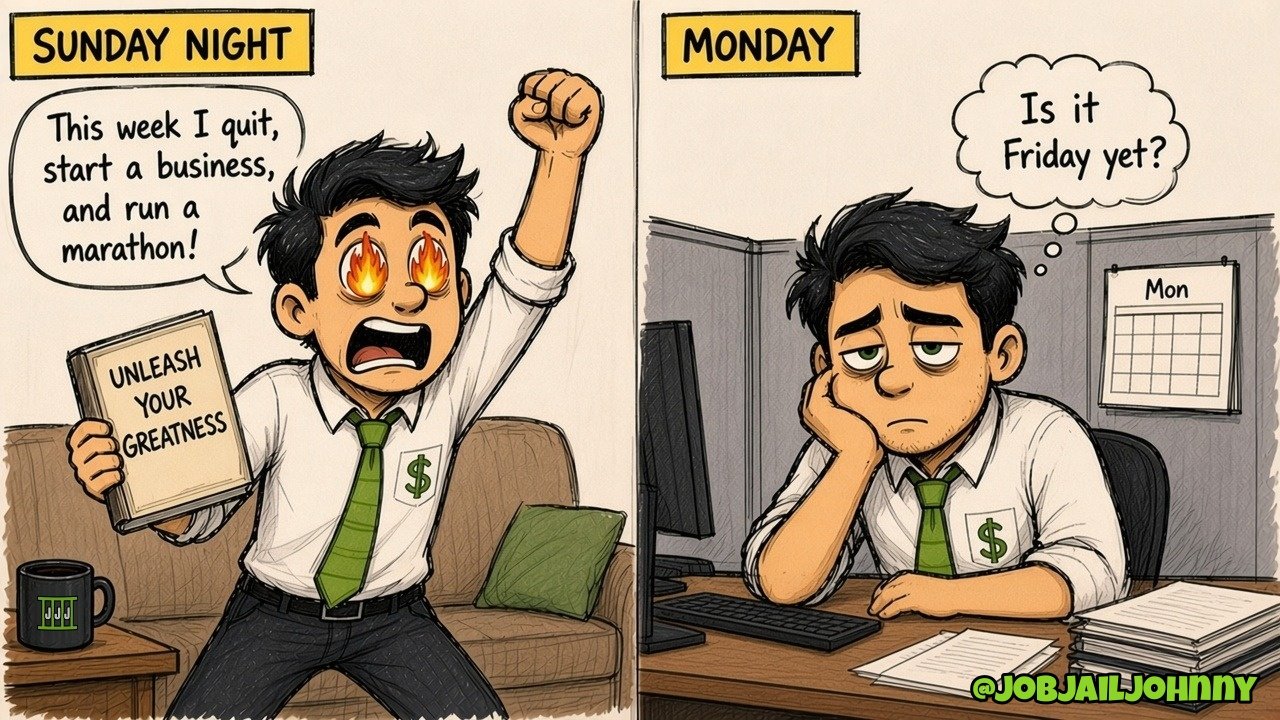 Two panels. 'Sunday Night': Johnny, eyes on fire and fist raised, holds a book called 'Unleash Your Greatness': 'This week I quit, start a business, and run a marathon!' 'Monday': he slumps at his office desk next to a 'Mon' calendar, thinking 'Is it Friday yet?'
