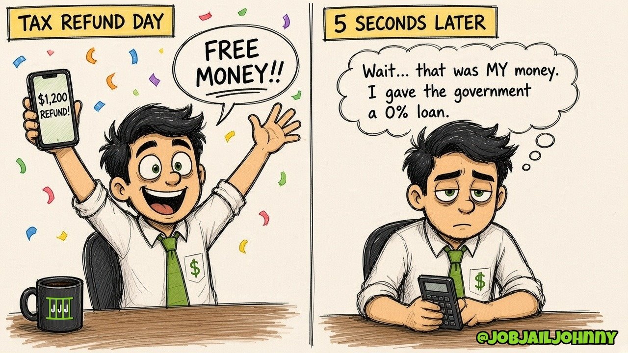 Two panels. 'Tax Refund Day': Johnny cheers 'Free money!!' amid confetti, holding a phone showing a $1,200 refund. '5 seconds later': he slumps over a calculator thinking 'Wait... that was MY money. I gave the government a 0% loan.'