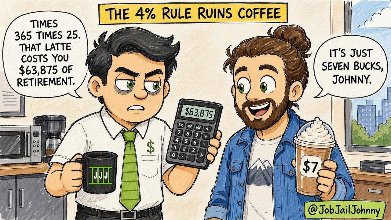 'The 4% Rule Ruins Coffee': Johnny, holding his JJJ mug and a calculator showing $63,875, tells a smiling bearded coworker 'Times 365 times 25. That latte costs you $63,875 of retirement.' The coworker, holding a whipped-cream latte with a $7 tag, replies 'It's just seven bucks, Johnny.'