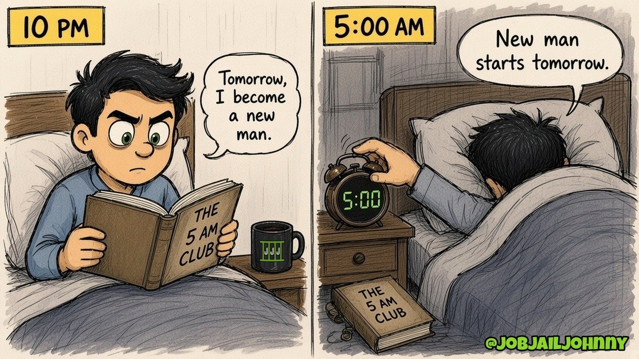 Two panels. '10 PM': Johnny reads 'The 5 AM Club' in bed, determined: 'Tomorrow, I become a new man.' '5:00 AM': he slaps the alarm clock showing 5:00 with the book on the floor, still under the covers: 'New man starts tomorrow.'