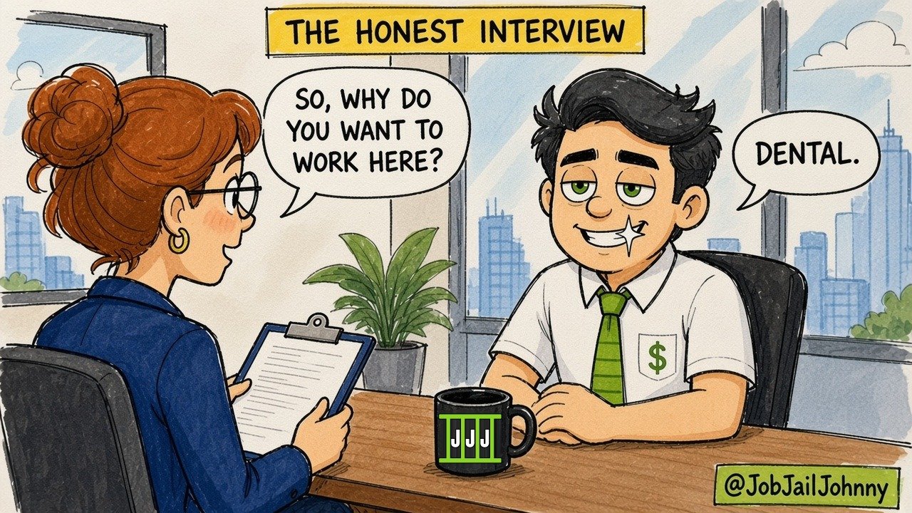 An interviewer with a clipboard asks Johnny, 'So, why do you want to work here?' Johnny flashes a sparkling smile and answers: 'Dental.'