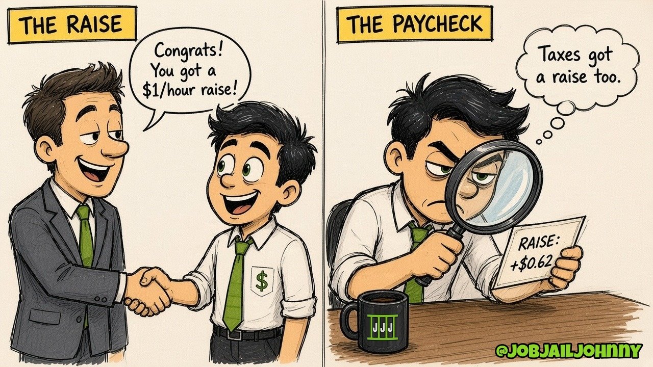 Two panels. 'The Raise': a smiling boss shakes Johnny's hand: 'Congrats! You got a $1/hour raise!' 'The Paycheck': Johnny peers through a magnifying glass at a slip reading 'Raise: +$0.62,' thinking 'Taxes got a raise too.'