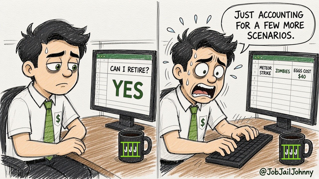 Two panels. A tired Johnny looks at a spreadsheet asking 'Can I retire?' with a big green 'YES.' Next, sweating and typing frantically, he adds columns for 'Meteor strike,' 'Zombies' and 'Eggs cost $40': 'Just accounting for a few more scenarios.'