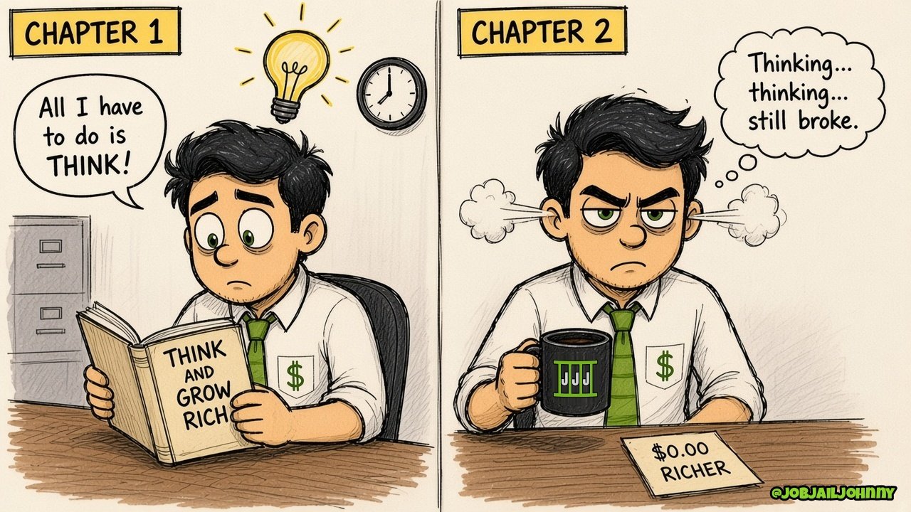 Two panels. 'Chapter 1': Johnny reads 'Think and Grow Rich' under a light bulb: 'All I have to do is THINK!' 'Chapter 2': steam blows from his ears as he holds his mug next to a note reading '$0.00 richer,' thinking 'Thinking... thinking... still broke.'
